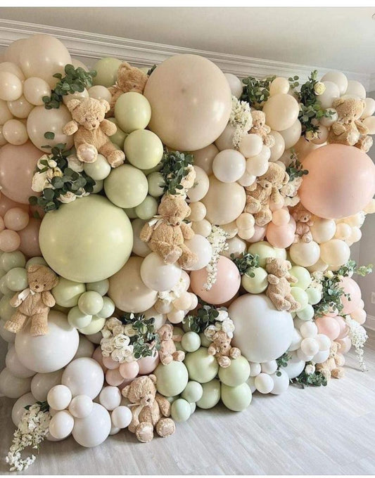 Balloon Green, Pink and Dust White Wall with Flowers and Teddy Bear Accents Decor Setup - Baby Shower, Birthday Perfect for special occasions