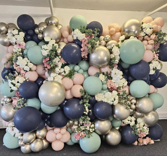 Balloon Silver, Blue, Green and Pink Wall with Flowers Decor Setup - Perfect for special occasions