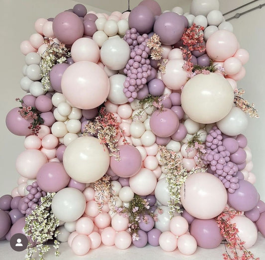 Balloon Purple, Sand White, Dust White and Pink Wall with Flowers Decor Setup - Perfect for special occasions