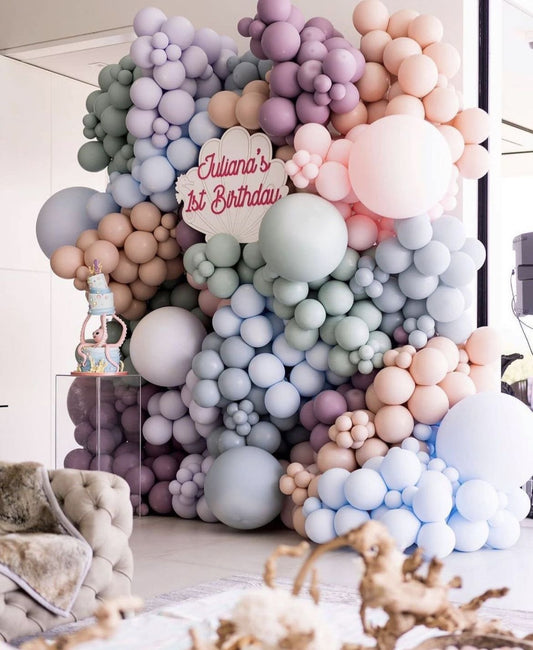 Balloon Pastel Colors Purple, Peach, Blue, Pink and Green Wall with Customizable KT Board Decor Setup - Perfect for special occasions