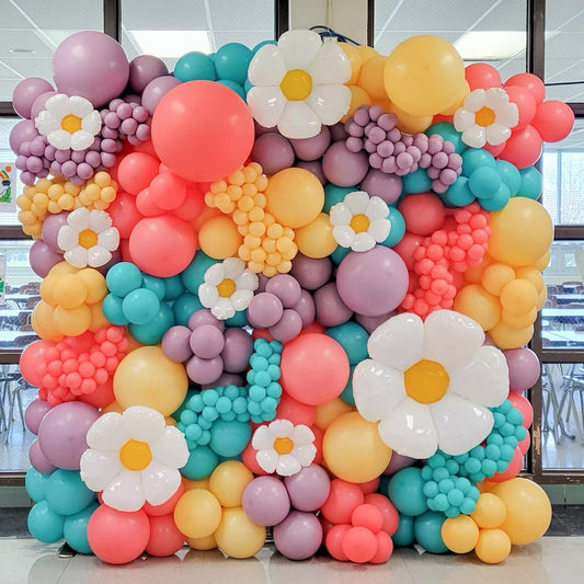 Balloon Blue, Purple, Pink and Yellow with Flower Foil Balloon Accents Wall Decor Setup - Garden-Themed Perfect for special occasions