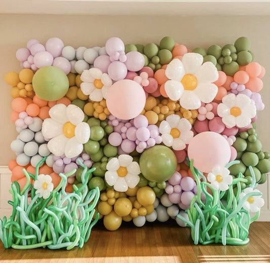 Balloon Green, Purple, Yellow, Peach and Pink with Flower Foil Balloons Accents and Grass Designed 260q Balloons Wall Decor Setup - Garden-Themed Perfect for special occasions