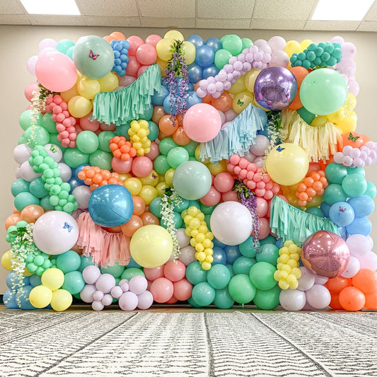 Balloon Green, Yellow, Pink,Blue and Orange Wall Decor with Tassels and Orbs Balloons Setup - Perfect for special occasions