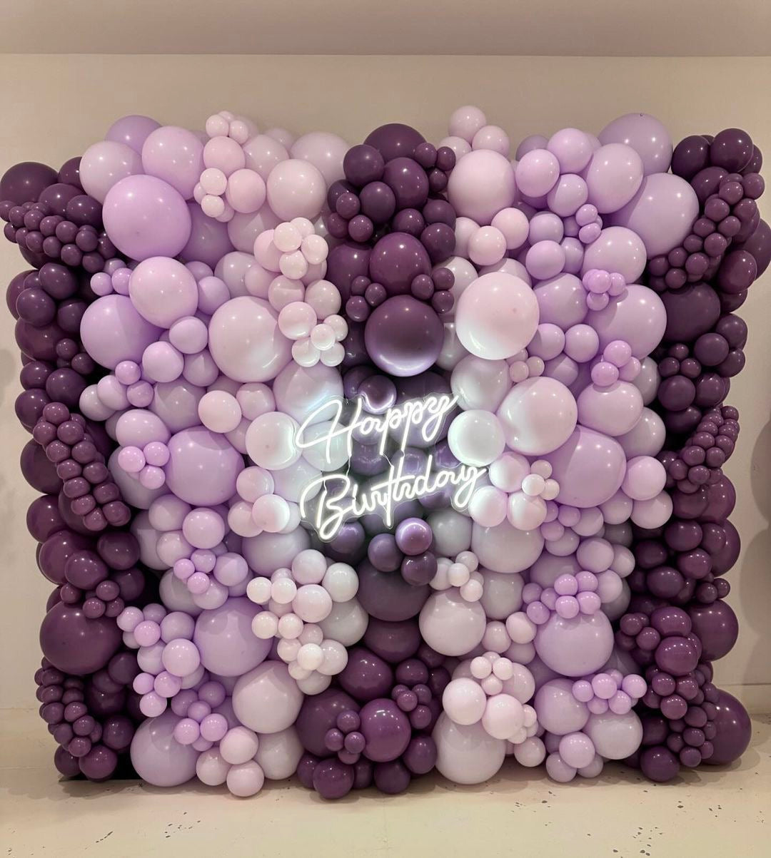 Balloon Different Shades of Purple Wall Decor with LED Acrylic “Happy Birthday” Lights Setup - Perfect for special occasions