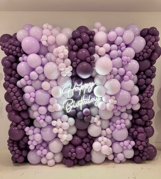 Balloon Different Shades of Purple Wall Decor with LED Acrylic “Happy Birthday” Lights Setup - Perfect for special occasions