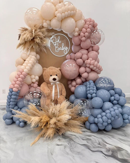 Customizable KT Board with Balloon Pink, Blue and Beige and Teddy Bear with Artificial Flowers and LED Acrylic “Oh Baby” Lights Decor Setup - Baby Shower Perfect for special occasions