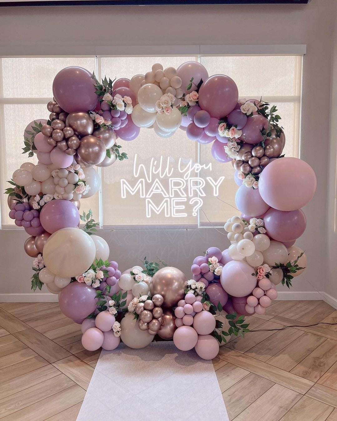 Round Balloon Purple and Dust White Chain Decor with Customizable LED Acrylic Lights “Will You Marry Me” Setup - Perfect for special occasions