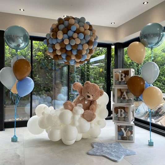 Cloud Designed Balloon with Teddy Bear, BABY Box with Mini Balloons and Balloon Blue, Brown and Beige with Blue Orbs Helium Bunch Decor Setup - Perfect for special occasions