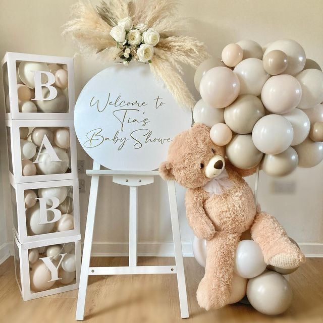 Baby Shower Balloon Dust White and Sand White with Teddy Bear, BABY Box with Balloons and Customizable Circle KT Board and Artificial Boho-Themed Flowers Decor Setup - Perfect for special occasions