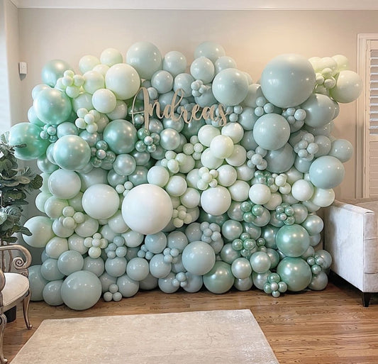 Balloon Different Shade of Green Wall with Customizable Foam Board Letters Decor Setup - Perfect for special occasions