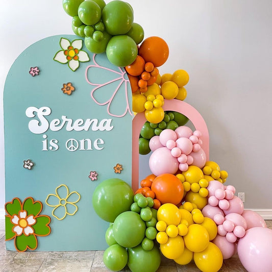 Customizable KT Board Backdrop with Balloon Green, Orange, Yellow and Pink Decor Setup - Garden-Themed Perfect for special occasions