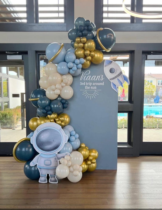 Customizable KT Board Backdrop with Balloon Blue, White and Gold Decor Setup - Galaxy-Themed Perfect for special occasions