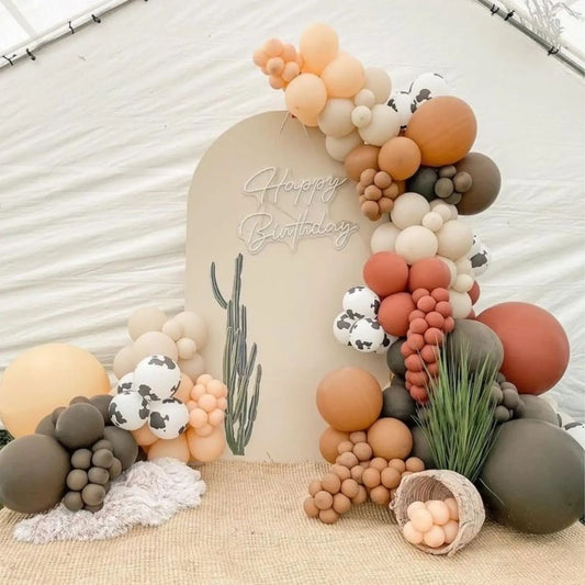 Customizable KT Board Backdrop with Balloon Dark and Light Brown, Dust White and Animal Printed with LED Acrylic ‘Happy Birthday’ Lights Decor Setup - Cowboy-Themed Perfect for special occasions