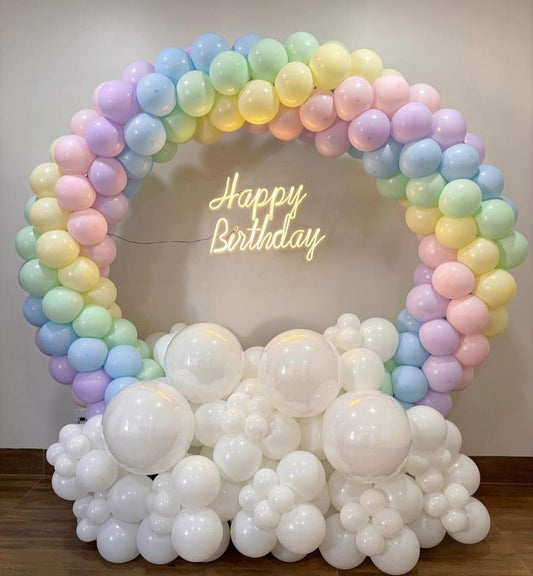 Rainbow and Cloud Designed Pastel Colors Balloons with LED Acrylic ‘Happy Birthday’ Lights Decor Setup - Perfect for special occasions