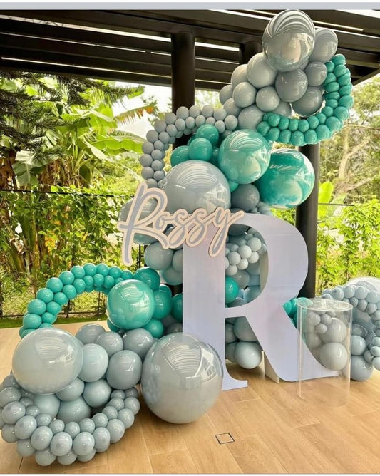 Customizable Letter and Name Foam Board Standee with Balloon Green and Blue Decor Setup - Perfect for special occasions