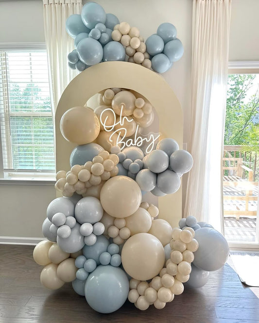 Customizable KT Board with Balloon Blue and Dust White and LED Acrylic ‘Oh Baby’ Lights Decor Setup - Perfect for special occasions