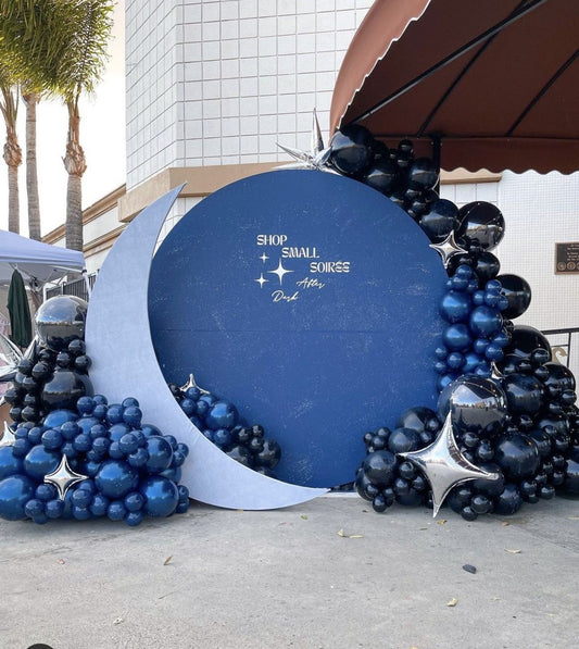 Customizable KT Board Backdrop with Balloon Chrome and Deep Blue with Star Accents Decor Setup - Galaxy-Themed Perfect for special occasions