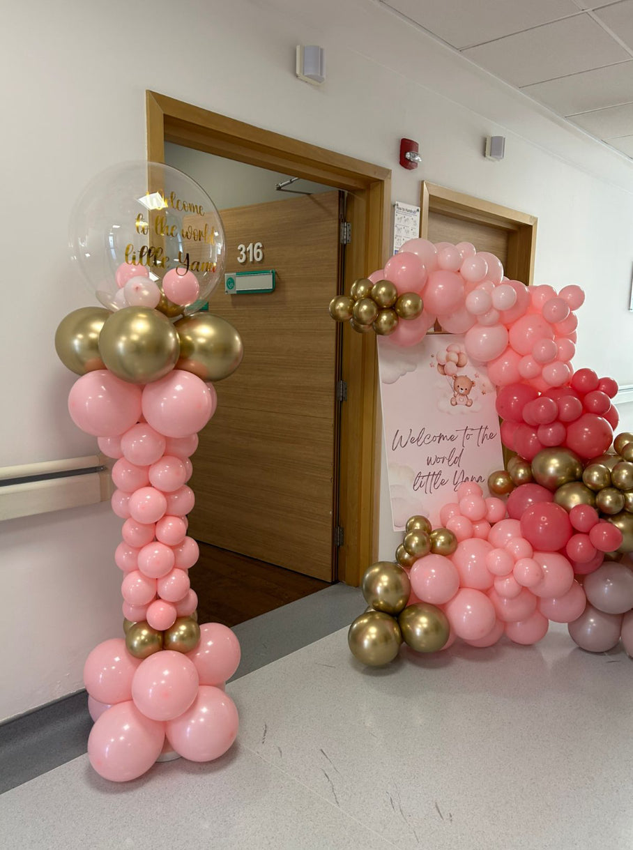 Mini Chain Balloon Dark and Light Pink, Gold with Customizable Printed KT Board and Pillar Balloon with Stickers Decor - Baby Shower Perfect for Special Occasions
