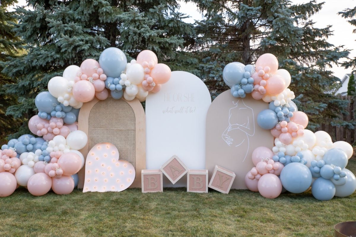 Gender Reveal Balloon White, Blue and Pink Decor with Customizable KT Board Setup - Perfect for special occasions