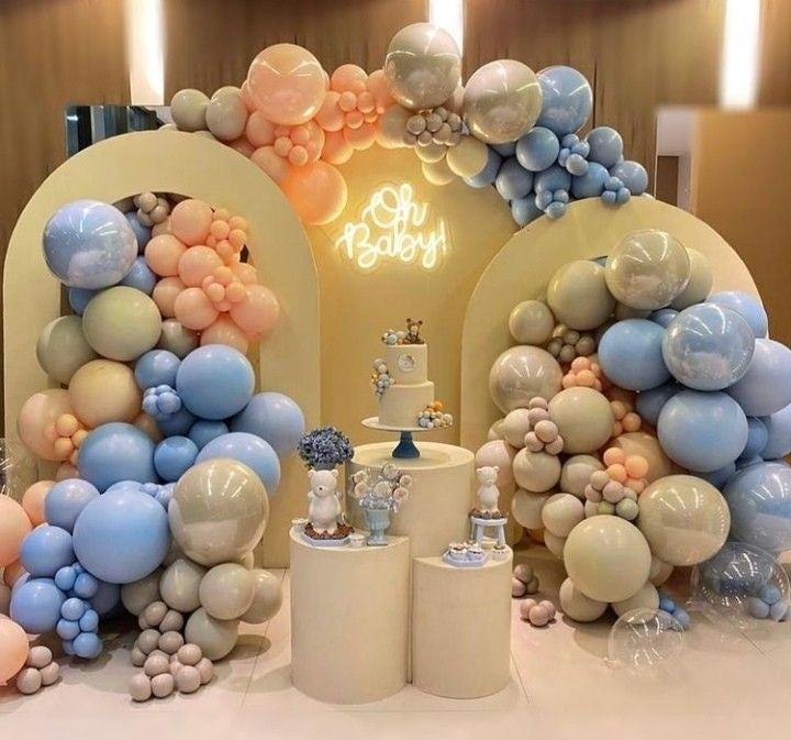 Full Setup Balloon Dust White, Blue and Peach Decor with Customizable KT Board Backdrop and LED Acrylic ‘Happy Birthday’ Lights with 3pcs Cake Stands - Perfect for special occasions