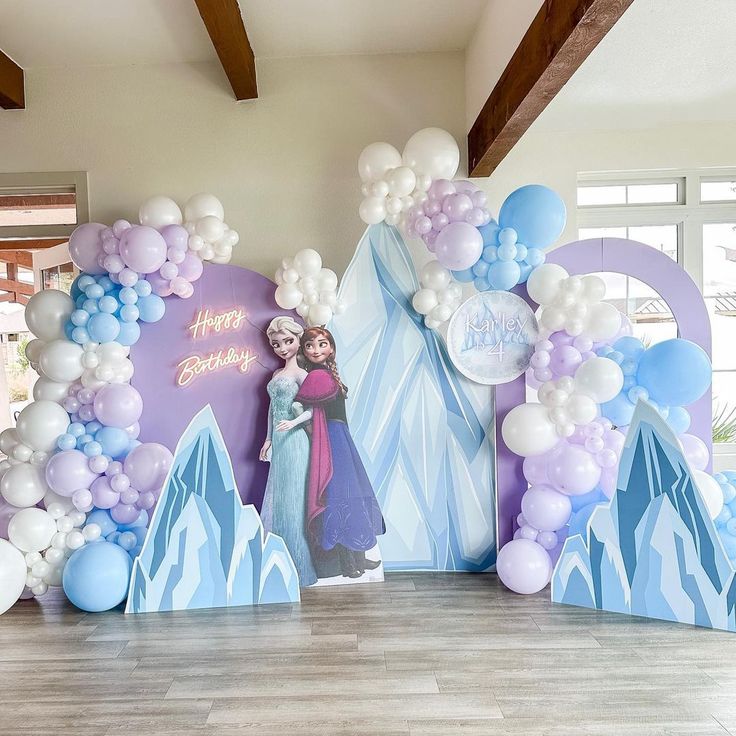 Full Setup Customizable KT Board Backdrop with Anna and Elsa Standee with Balloon White, Blue and Purple Decor - Frozen-Themed Perfect for Birthday Celebrations