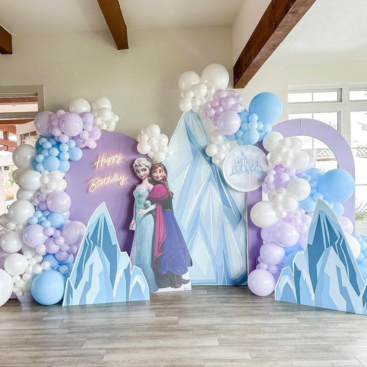 Full Setup Customizable KT Board Backdrop with Anna and Elsa Standee with Balloon White, Blue and Purple Decor - Frozen-Themed Perfect for Birthday Celebrations