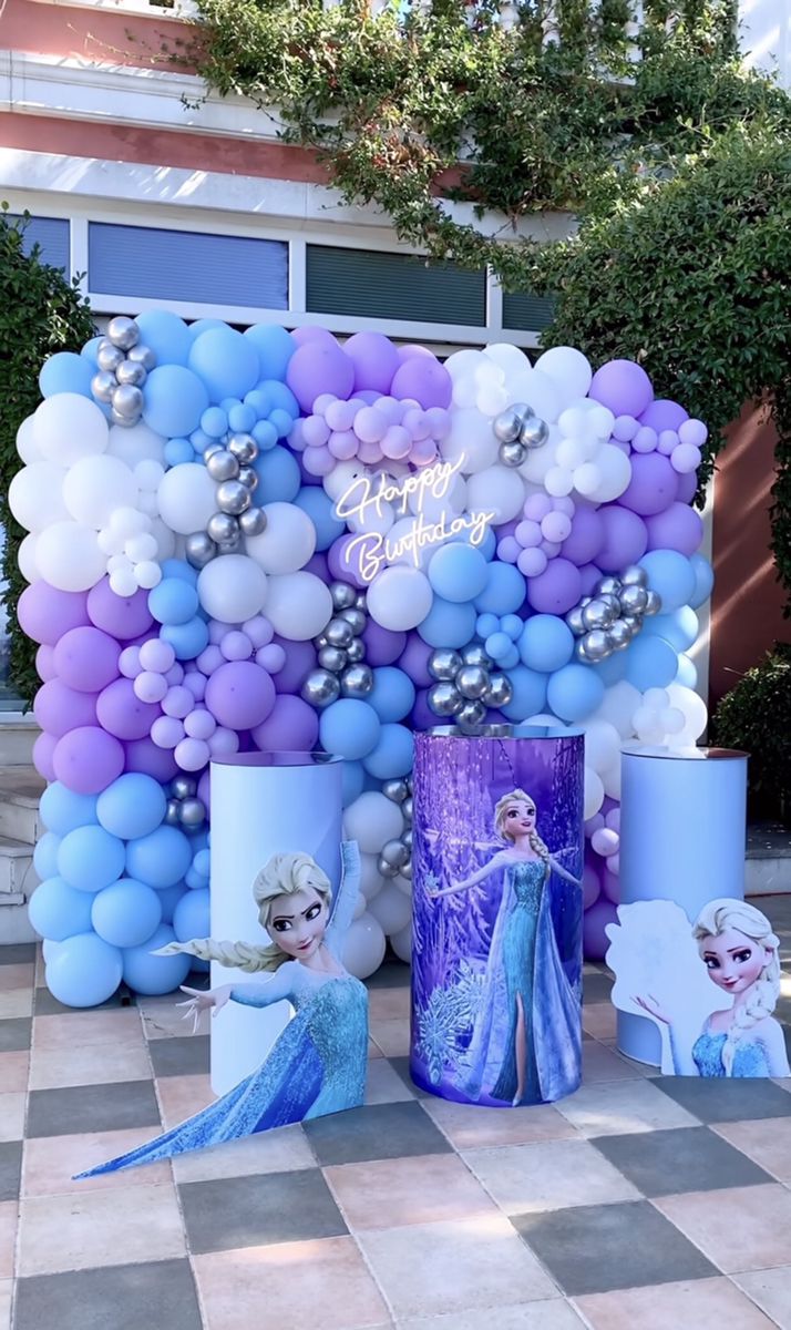 Balloon Purple, White, Blue and Silver Wall Decor Setup with LED Acrylic Light ‘Happy Birthday’- Frozen-Themed Perfect for Birthday Celebrations