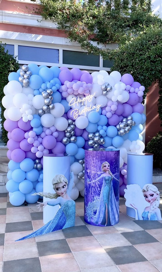 Balloon Purple, White, Blue and Silver Wall Decor Setup with LED Acrylic Light ‘Happy Birthday’- Frozen-Themed Perfect for Birthday Celebrations