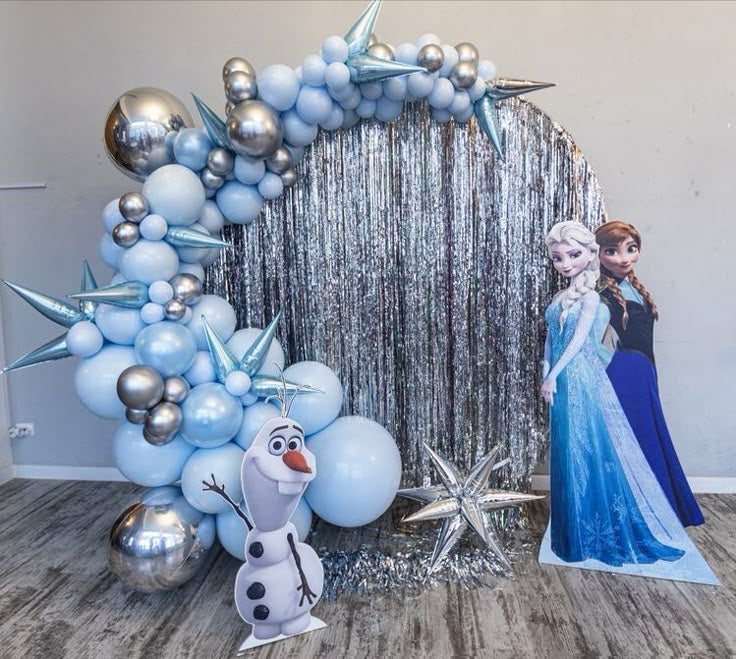 Round Balloon Blue and Silver with Foam Board Anna, Elsa and Olaf Standee Decor Setup with Fringe Curtain - Perfect for Birthday Celebrations