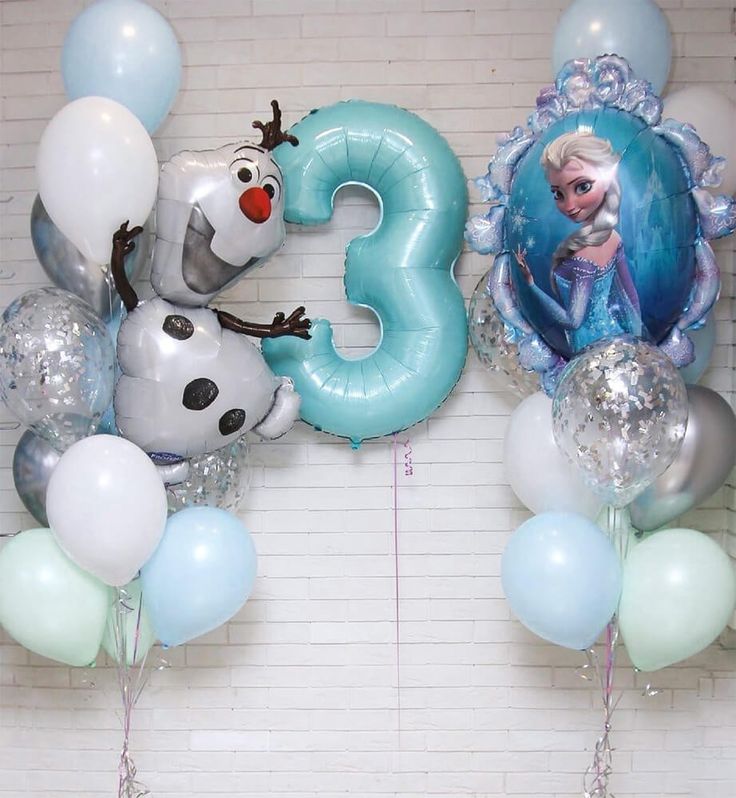 Helium Blue, Green, White, Silver and Clear with Confetti Latex Bunches, ‘3’ Number Balloon, Elsa and Olaf Foil Balloon Frozen-Themed Balloon Decor - Perfect for any celebrations