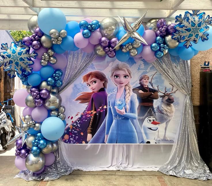 Customizable KT Board Backdrop with Balloon Blue, Purple and Silver with Star and Snowflakes Accents - Frozen-Themed Balloon Decor Setup Perfect for Birthday Celebrations