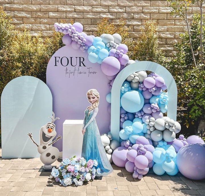Full Setup Customizable Backdrop with Balloon Silver, Blue and Purple with Olaf and Elsa Foam Board Standee Decor Setup - Frozen-Themed Perfect for Birthday Celebrations