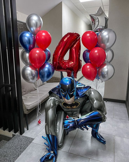 Balloon Decor Red, Blue and Silver Latex Bunch with Star, Number Balloon and Self Standing Batman - Batman-Themed Perfect for special occasions