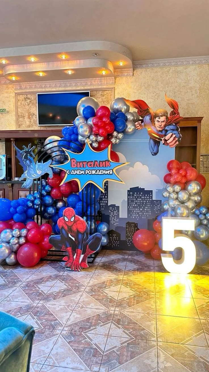 Customizable KT Board Superman, Batman, Spiderman Backdrop with Balloon Blue, Red and Silver Decor Setup and LED Number Light - Marvel-Themed Superheroes Perfect for special occasions