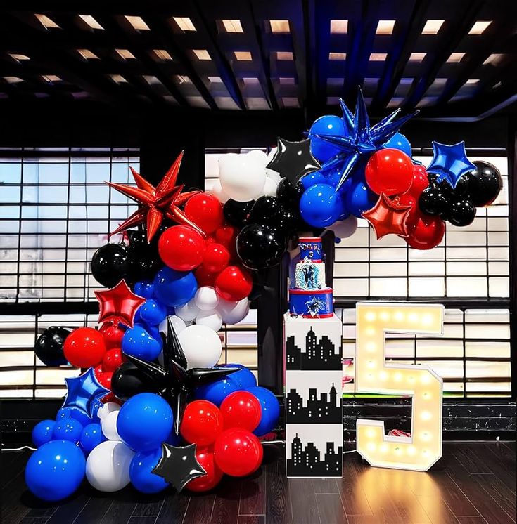 Balloon Red, Blue, Black and White Chain with Star Accents Decor and LED Number Light - Marvel-Themed Superheroes Perfect for special occasions
