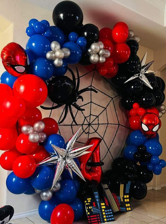 Round Chain Balloon Red, Blue, Black and Silver with Red ‘4’ Number Balloon Spider and Star Accents Decor Setup - Spiderman-Themed Perfect for special occasions