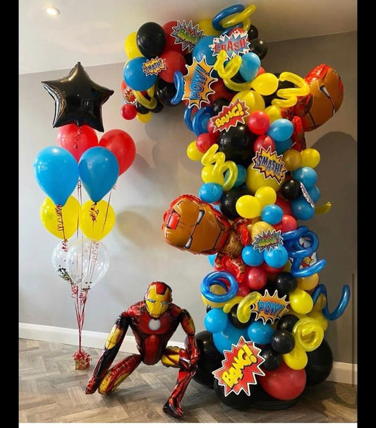 Balloon Blue, Yellow, Red and Black with Twisted 260q Decor Setup and Helium Latex with Black Star Foil Balloon Bunch - Ironman-Themed Perfect for special occasions