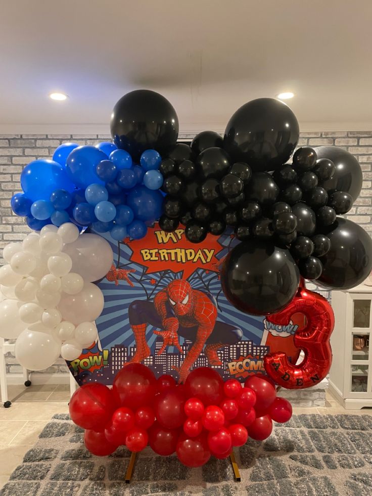 Customizable KT Board Round Balloon Black, Blue, Red and White with Spiderman and Red ‘3’ Number Balloon Decor Setup - Spiderman-Themed Perfect for special occasions