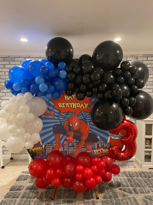 Customizable KT Board Round Balloon Black, Blue, Red and White with Spiderman and Red ‘3’ Number Balloon Decor Setup - Spiderman-Themed Perfect for special occasions