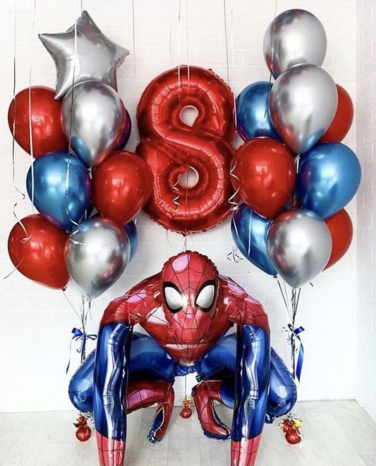 Balloon Decor Red, Blue and Silver Latex Bunch with Star, Number Balloon and Self Standing Spiderman - Spiderman-Themed Perfect for special occasions