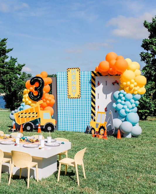 Full Setup Customizable KT Board with Balloon Orange, Yellow, Blue and Gray and Designed Race-Track Number Balloon - Construction/Truck-Themed Perfect for special occasions
