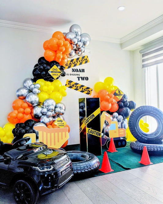 Full Setup Customizable KT Board with Balloon Yellow, Orange, Silver and Black with Wheels Foil Accents - Construction/Truck-Themed Perfect for special occasions