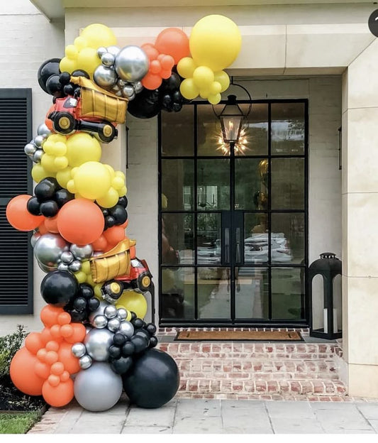 Balloon Yellow, Orange, Silver and Black Chain Decor Setup with Truck Foil Accents - Construction/Truck-Themed Perfect for special occasions