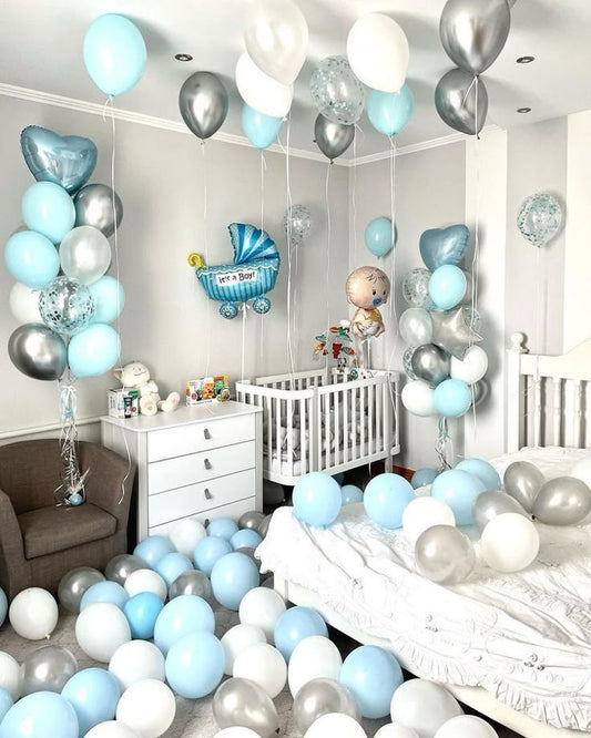 Set Decor Helium Balloon Blue, White and Clear with Confetti Latex Bunch, Ceiling Balloons, Floor Balloons and Stroller, Baby, Heart Foil Balloon - Perfect for Welcoming Baby!