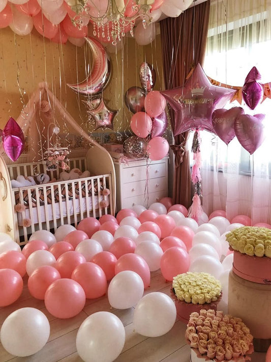 Set Decor Helium Balloon White and Pink Latex Bunch, Ceiling Balloons, Floor Balloons and Stars, Heart and Moon Foil Balloons   - Perfect for Welcoming Baby Girl!