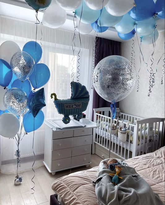 Set Decor Helium Balloon Blue, White and Clear with Confetti Latex Bunch with Pesonalised Helium Clear with Customizable Stickers and Stroller Foil Balloon - Perfect for Welcoming Baby!