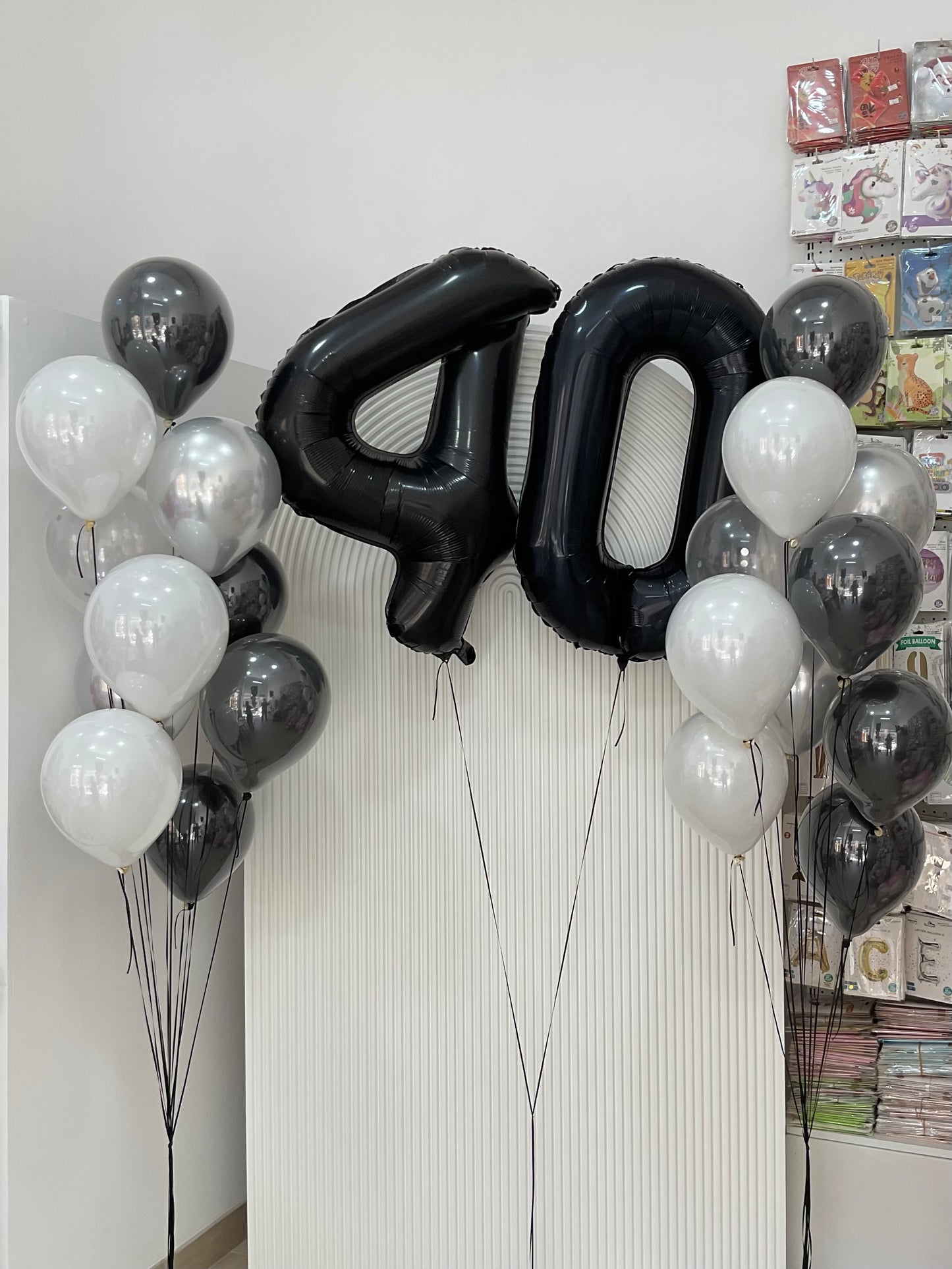 Personalised Helium Balloon “40” Number Helium Balloons with Double Layered Black, White and Silver Latex Bunch and Ribbons - Perfect for any Occasions