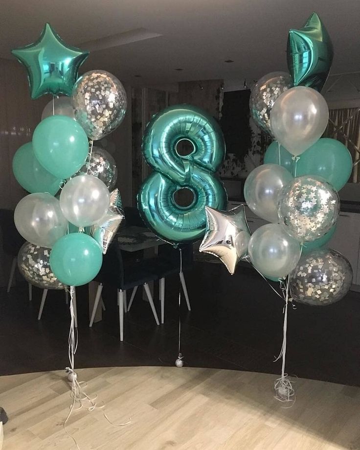 Helium Balloon Single Number Set of Turquoise, Pearl White and Clear with Silver Confetti Latex and Star Bunch, Number ‘8’ Balloon and Silver Strings - Perfect for any Occasions