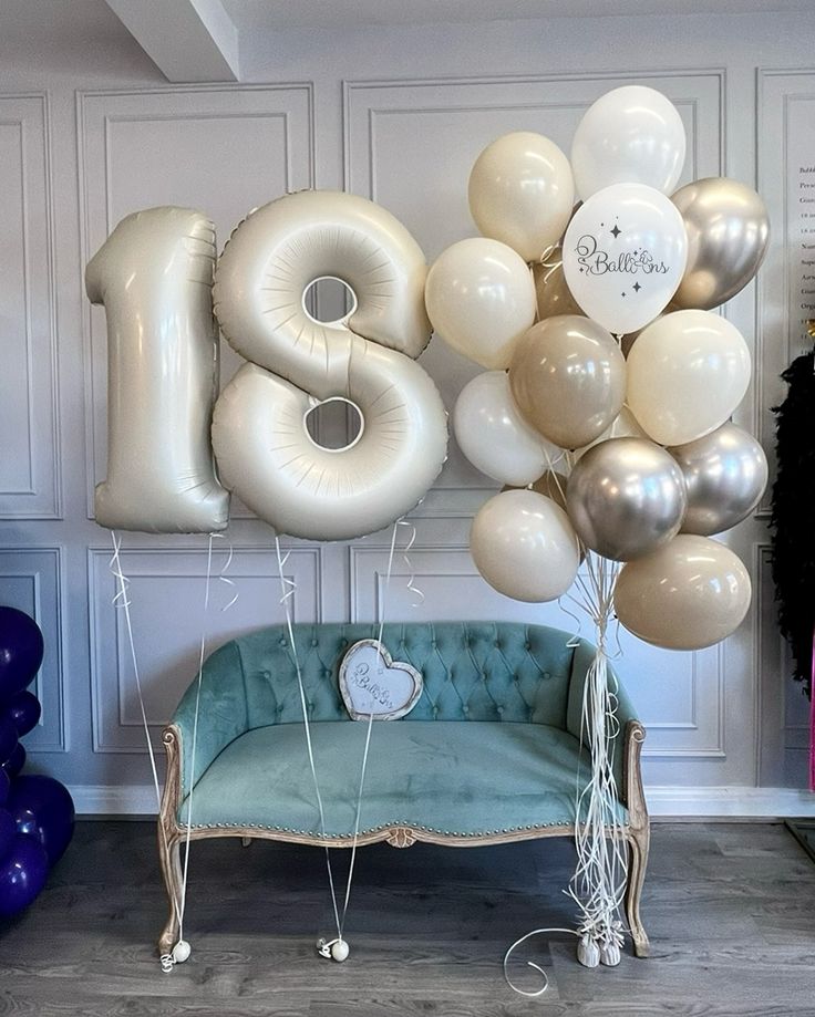 Helium Balloon Two Number Set of 18pcs White, Sand White, Dust White, Light Gold Latex Bunch with Number ‘18’ Number Balloon and White Strings - Perfect for any Occasions