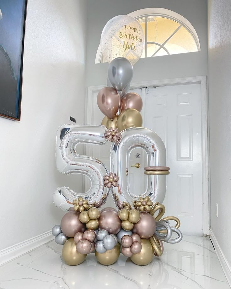 Platform Silver Numbers '50' Custom Balloon Decor with Silver, Gold, Rose Gold, Clear&Latex Helium Bunch – Perfect for Any Milestone Celebrations